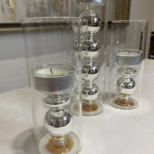3 Elegant Silver Glass Candle Holders